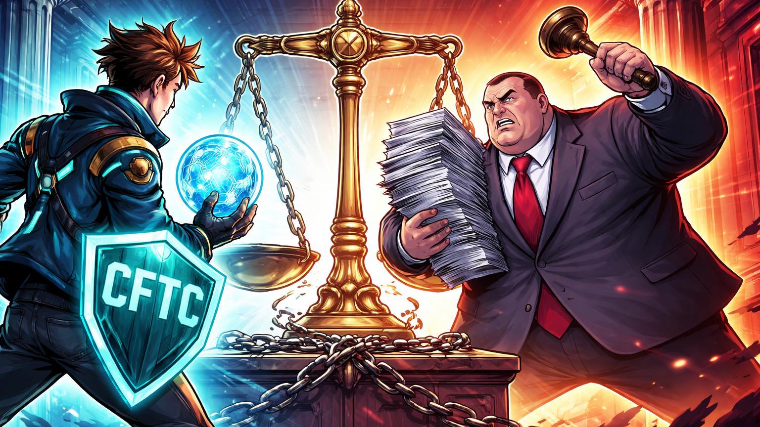 Personagens cartoon de Polymarket com escudo CFTC desafiando regulador de Massachusetts sobre balança rachada, simbolizando processo judicial por liberdade em prediction markets