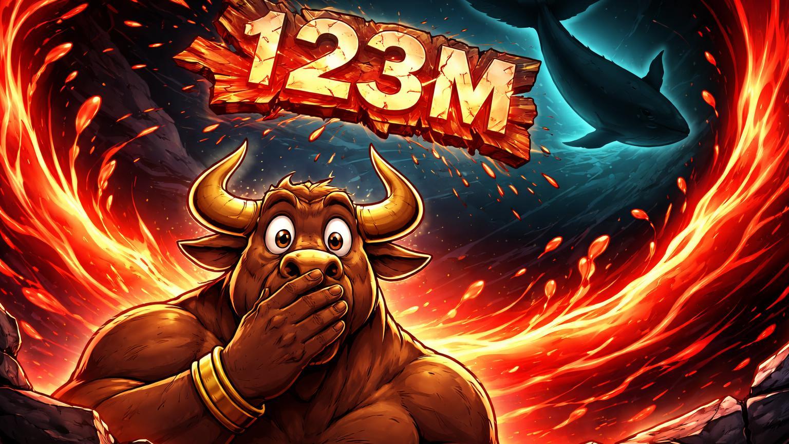 Touro cartoon chocado com mão na boca, ondas vermelhas de liquidação e '123M' quebrado, baleia mergulhando, simbolizando abalo em Hyperliquid