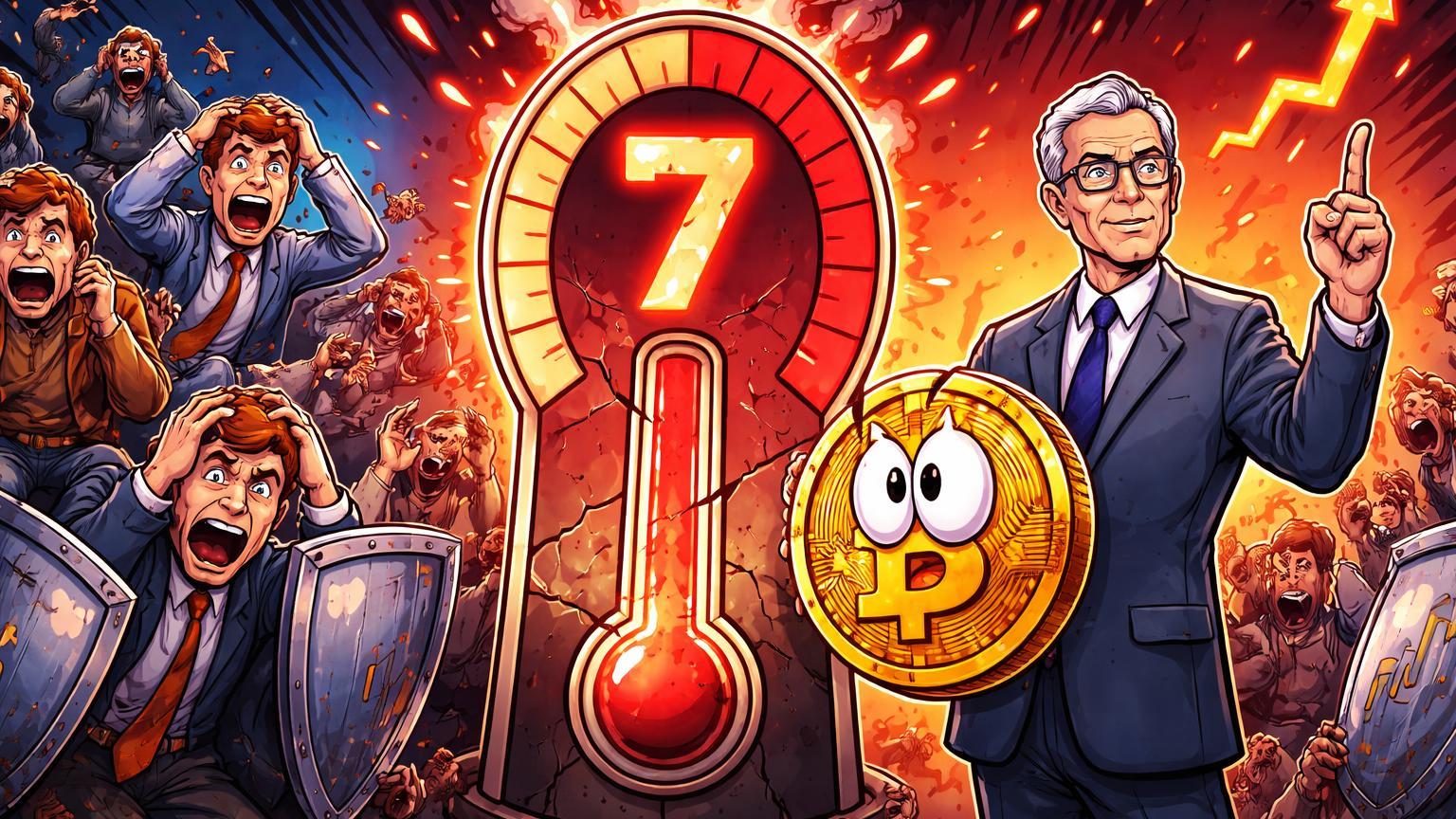 Investidores cartoon em pânico ao redor de termômetro Fear & Greed em 7, com figura Fed acalmando e Bitcoin central, sinalizando oportunidade contrarian
