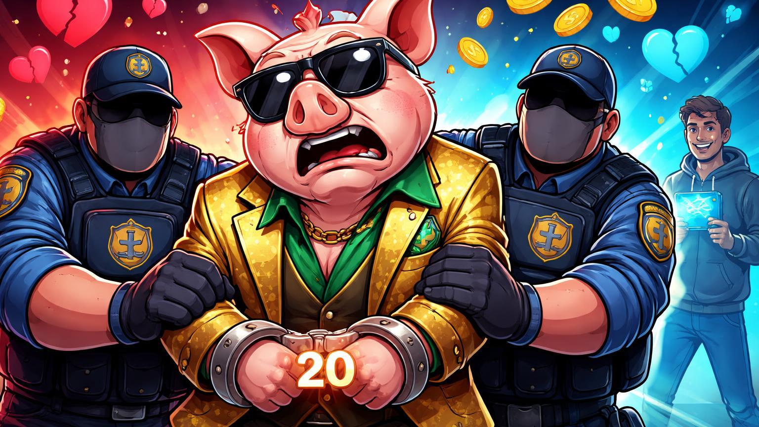 Porco golpista cartoon algemado por agentes da lei com '20' nas algemas, simbolizando prisão de líder de scam pig butchering em fraudes cripto