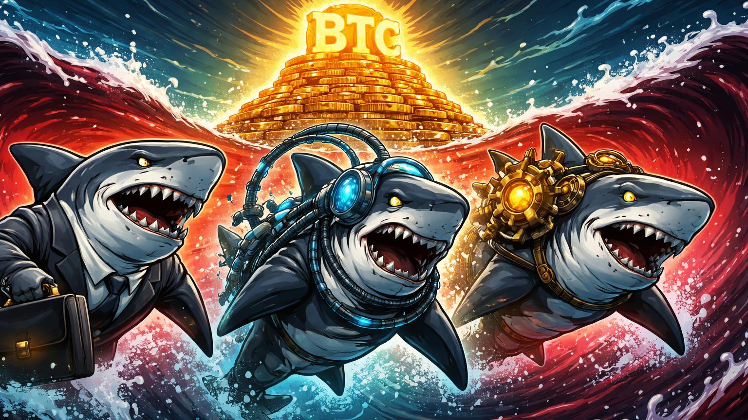 Tubarões cartoon poderosos emergindo de oceano turbulento para acumular tesouro dourado BTC, ignorando medo com adoção institucional