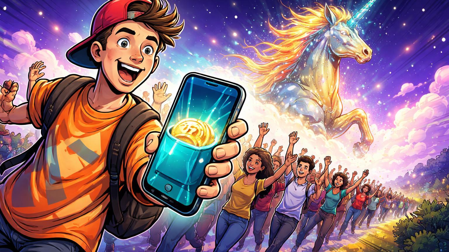 Influenciador cartoon guiando multidão de iniciantes para unicórnio digital luminoso, simbolizando aceleração da adoção cripto por MrBeast