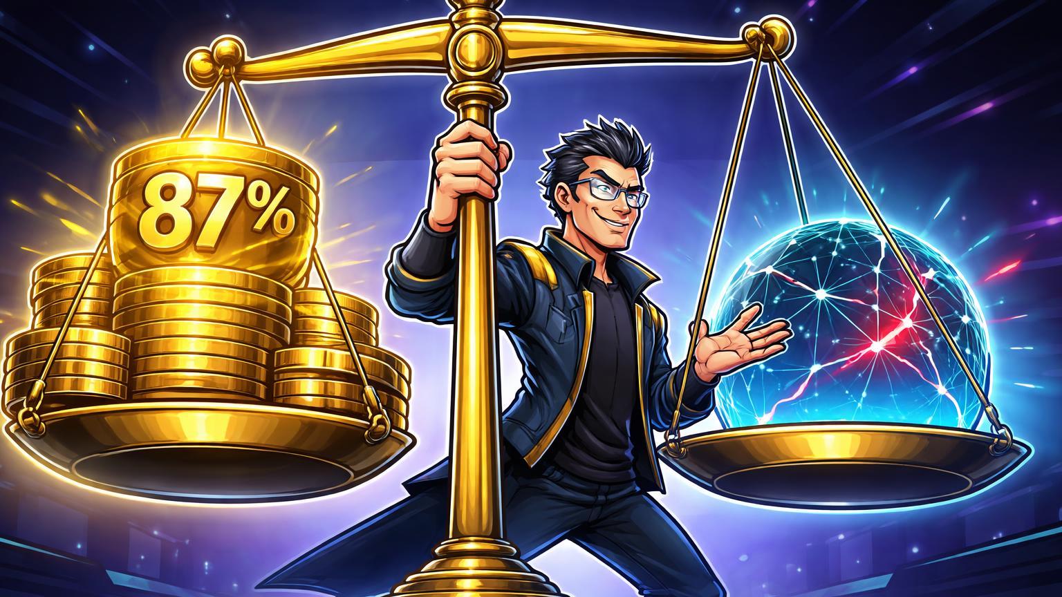 Personagem CZ cartoon segurando balança desequilibrada com 87% stablecoins vs rede DeFi rachada, simbolizando centralização e riscos em USD1