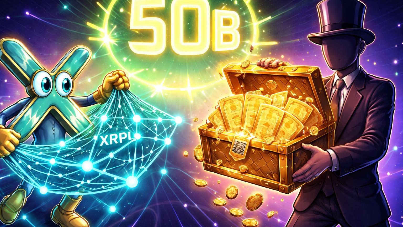 Personagens cartoon estilizados conectando baú de T-Bills tokenizados à rede XRPL com '50B' brilhante, simbolizando valuation da Ripple e adoção institucional