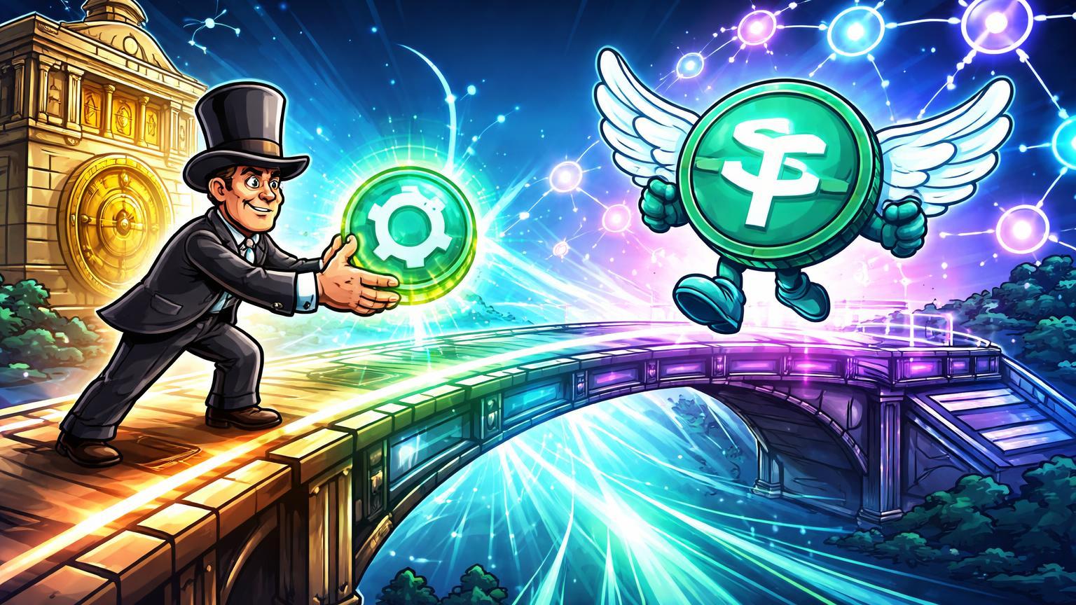 Personagens cartoon do Bank of England e Tether conectando oráculos Chainlink e pontes LayerZero, simbolizando testes institucionais e expansão cross-chain de USDT