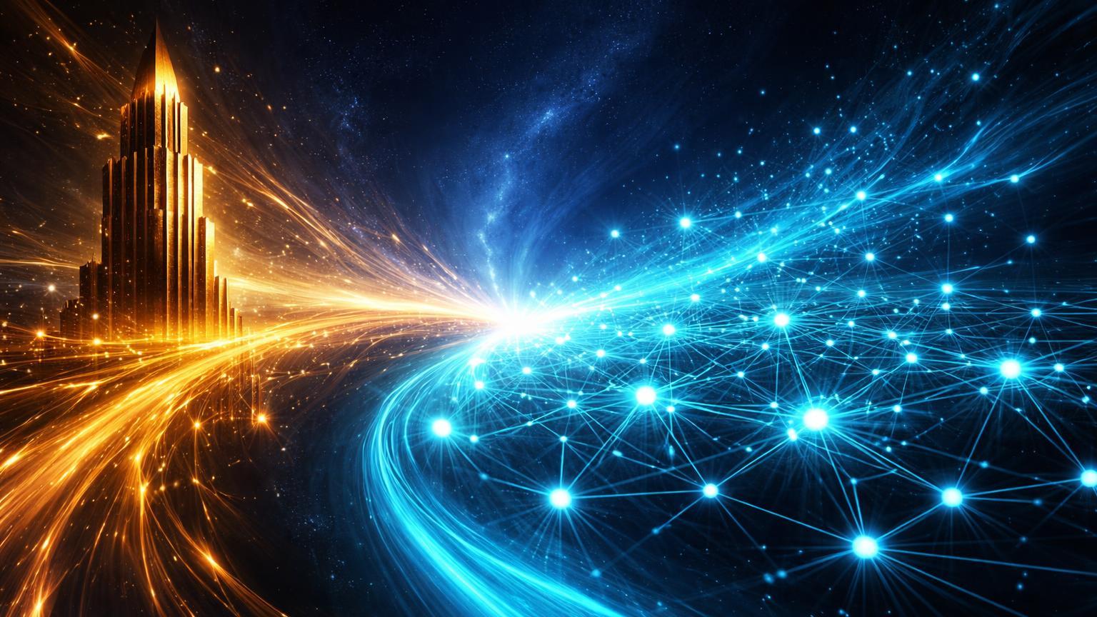 Rede descentralizada cyan atraindo rios dourados de torre centralizada, simbolizando Hyperliquid superando Coinbase em volume de trading