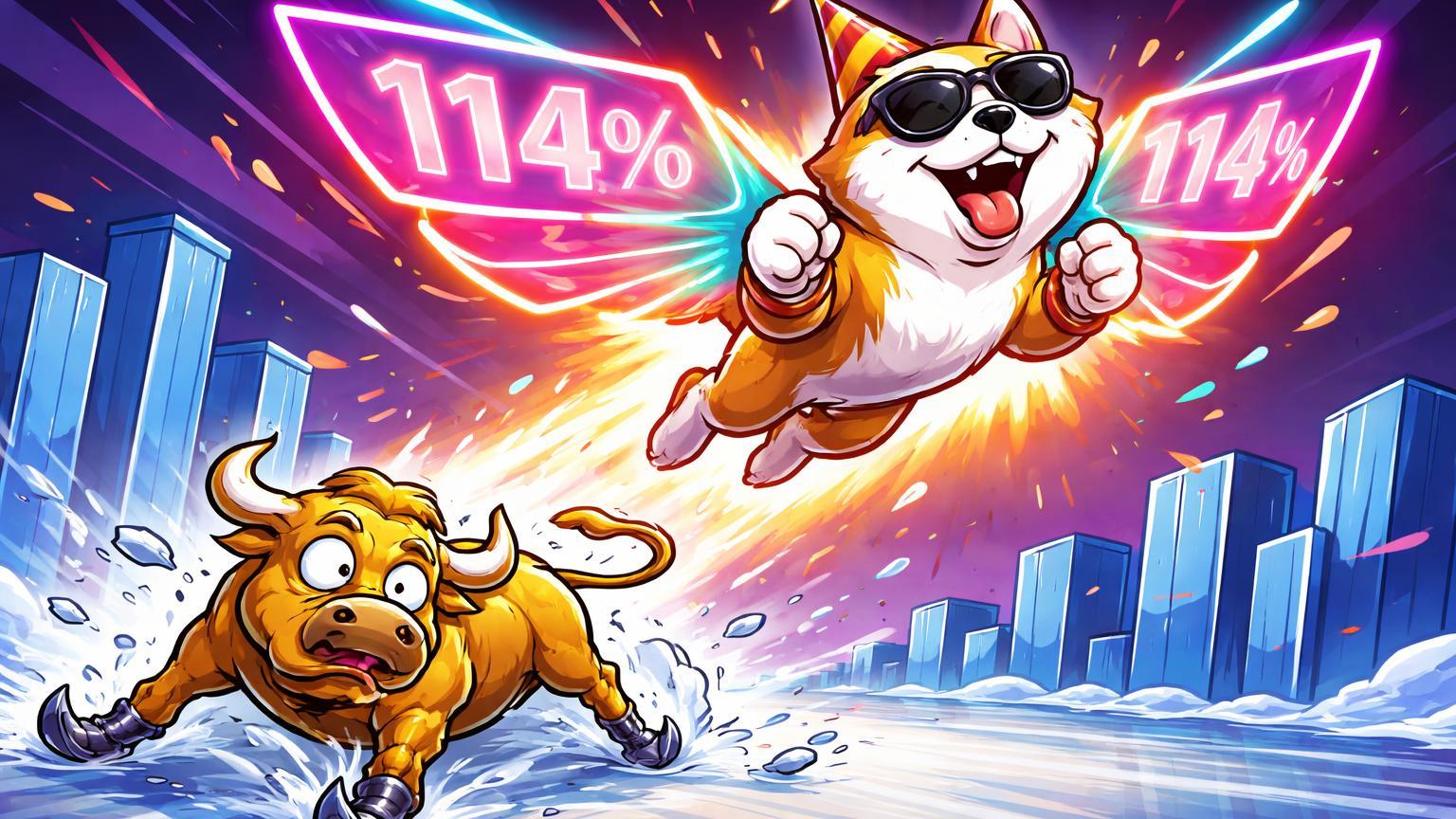 Personagem memecoin cartoon com asas '114%' voando alto sobre touro BTC patinando, ilustrando ironia de memes superando blue chips