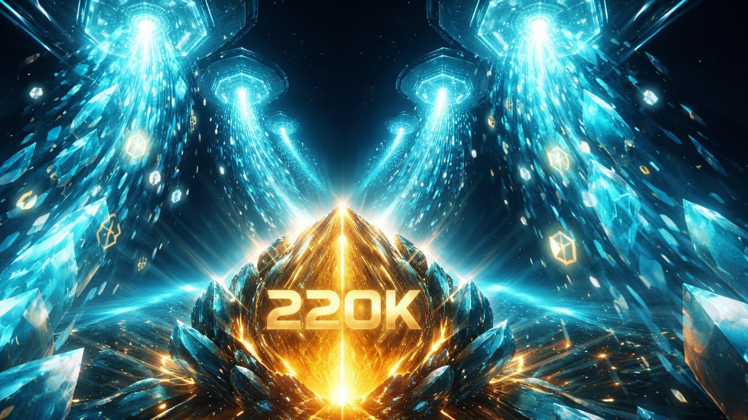 Torrente de prismas cyan ETH expelida de portais de exchanges convergindo em núcleo cristalino dourado com 220K, simbolizando acumulação institucional