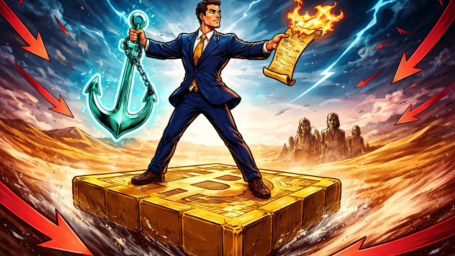 Empresário cartoon inabalável segurando âncora Bitcoin e estendendo pergaminho a figuras árabes em deserto tempestuoso, simbolizando compromisso eterno de Saylor