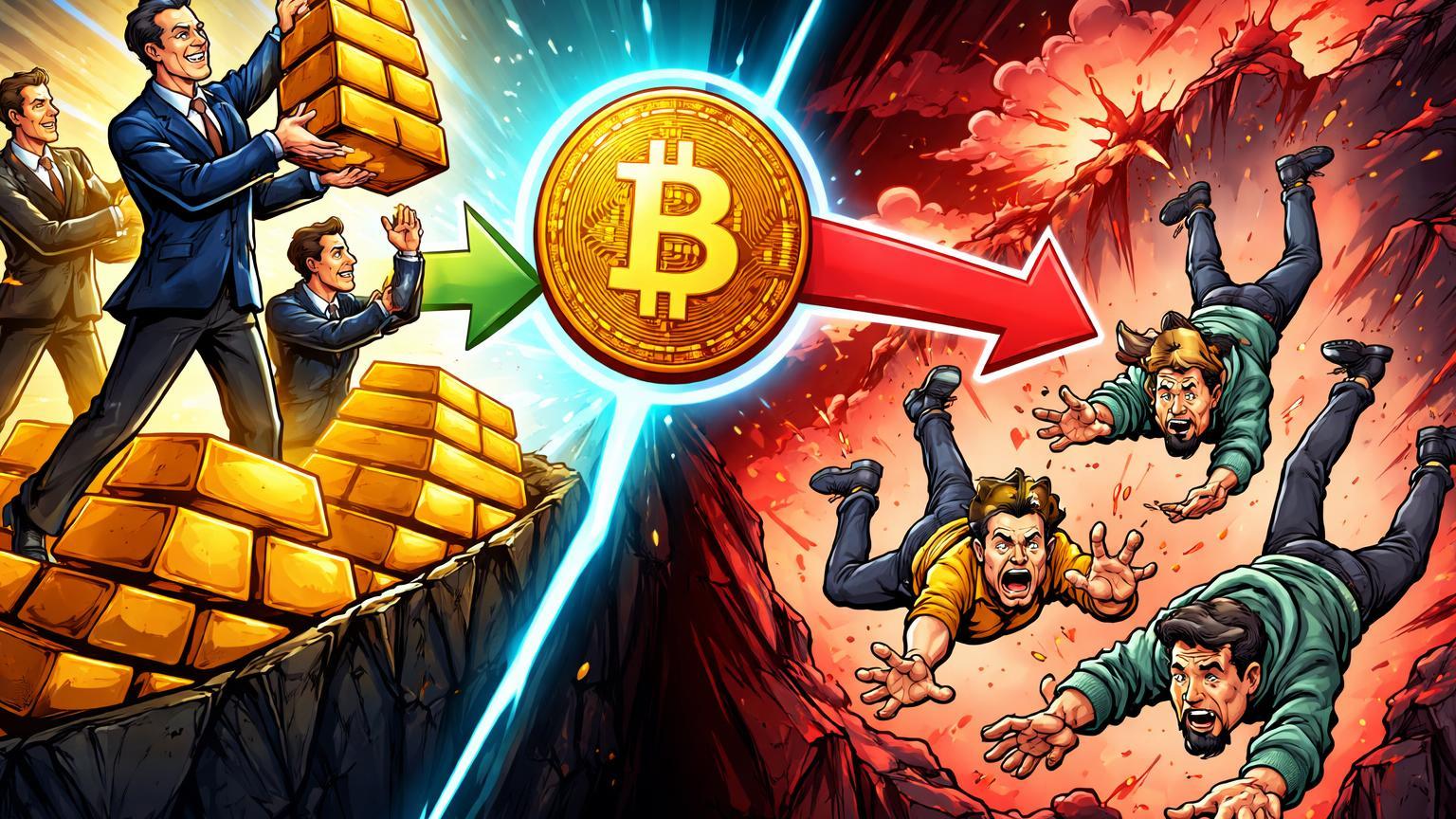 Executivos cartoon empilhando ouro de ETFs versus traders varejistas caindo em liquidações vermelhas, paradoxo institucional no mercado Bitcoin