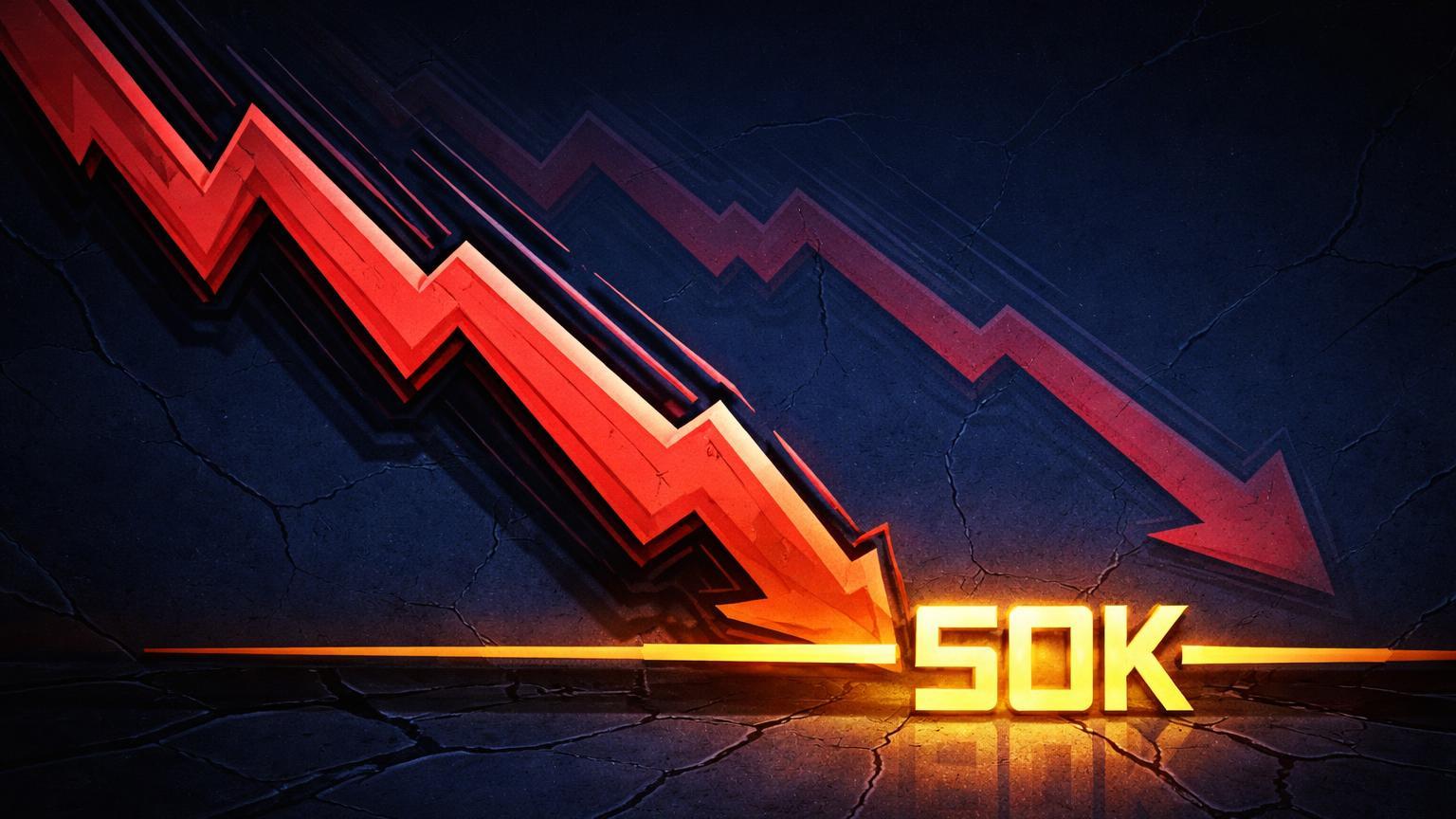 Linhas geométricas vermelhas descendentes convergindo para linha dourada 50K com eco de 2022, representando Mayer Multiple bearish do Bitcoin