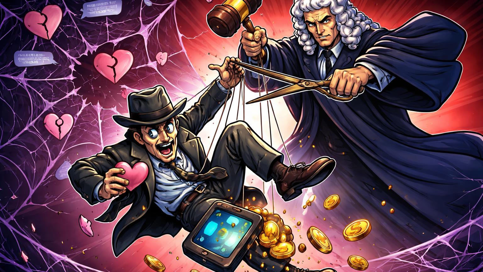 Juiz cartoon cortando fios de marionete golpista com corações falsos e moedas caindo, simbolizando condenação por fraude pig butchering em cripto