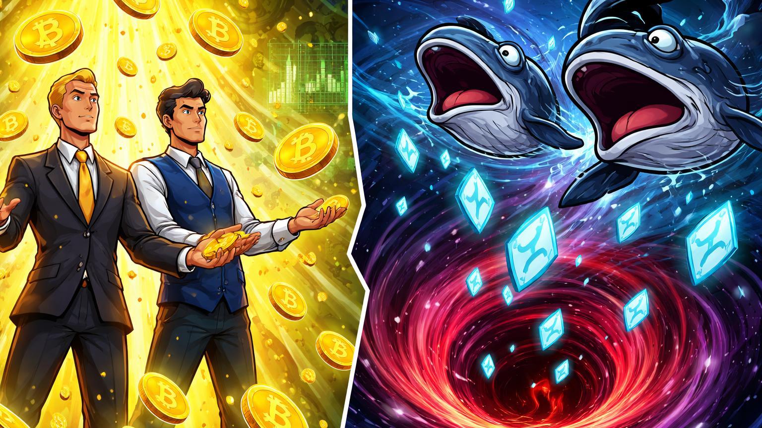 Executivos cartoon institucionais coletando Bitcoin dourado enquanto baleias capitulam soltando Ethereum, simbolizando adoção vs capitulação de whales