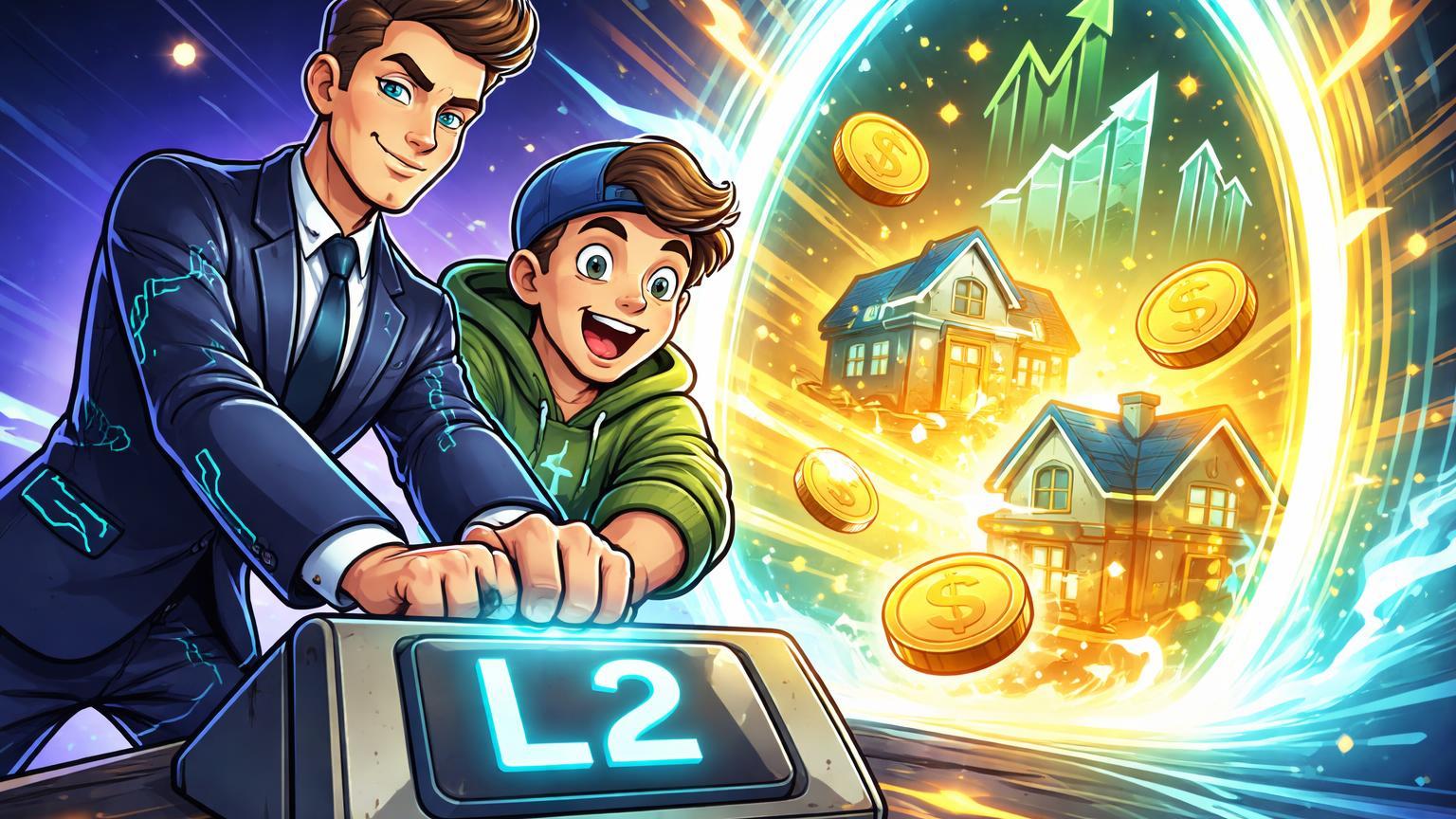 Executivo tech e trader retail cartoon ativando interruptor L2 que abre portal para tokens RWA, simbolizando lançamento da rede Layer 2 da Robinhood