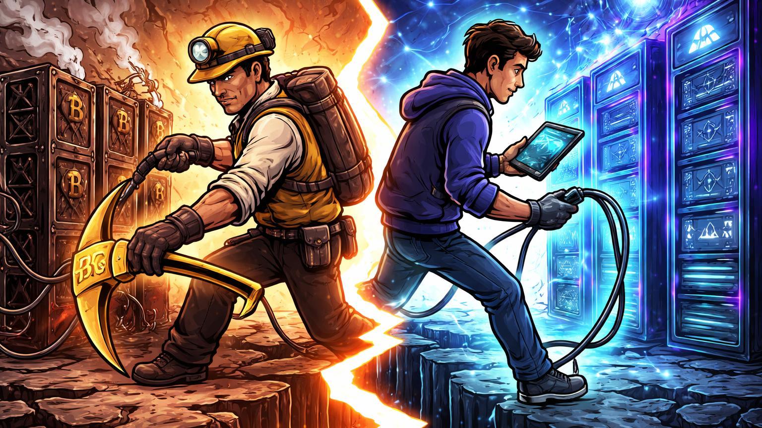 Personagens cartoon de mineradoras desconectando rigs BTC para servidores IA e HPC, simbolizando pivot setorial e impacto no Bitcoin