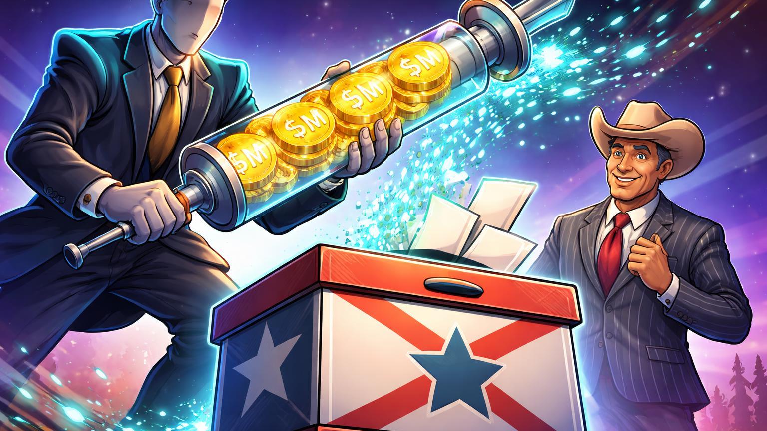 Lobista cripto cartoon injetando '$5M' em urna eleitoral sulista, simbolizando investimento da Fairshake em eleições no Alabama
