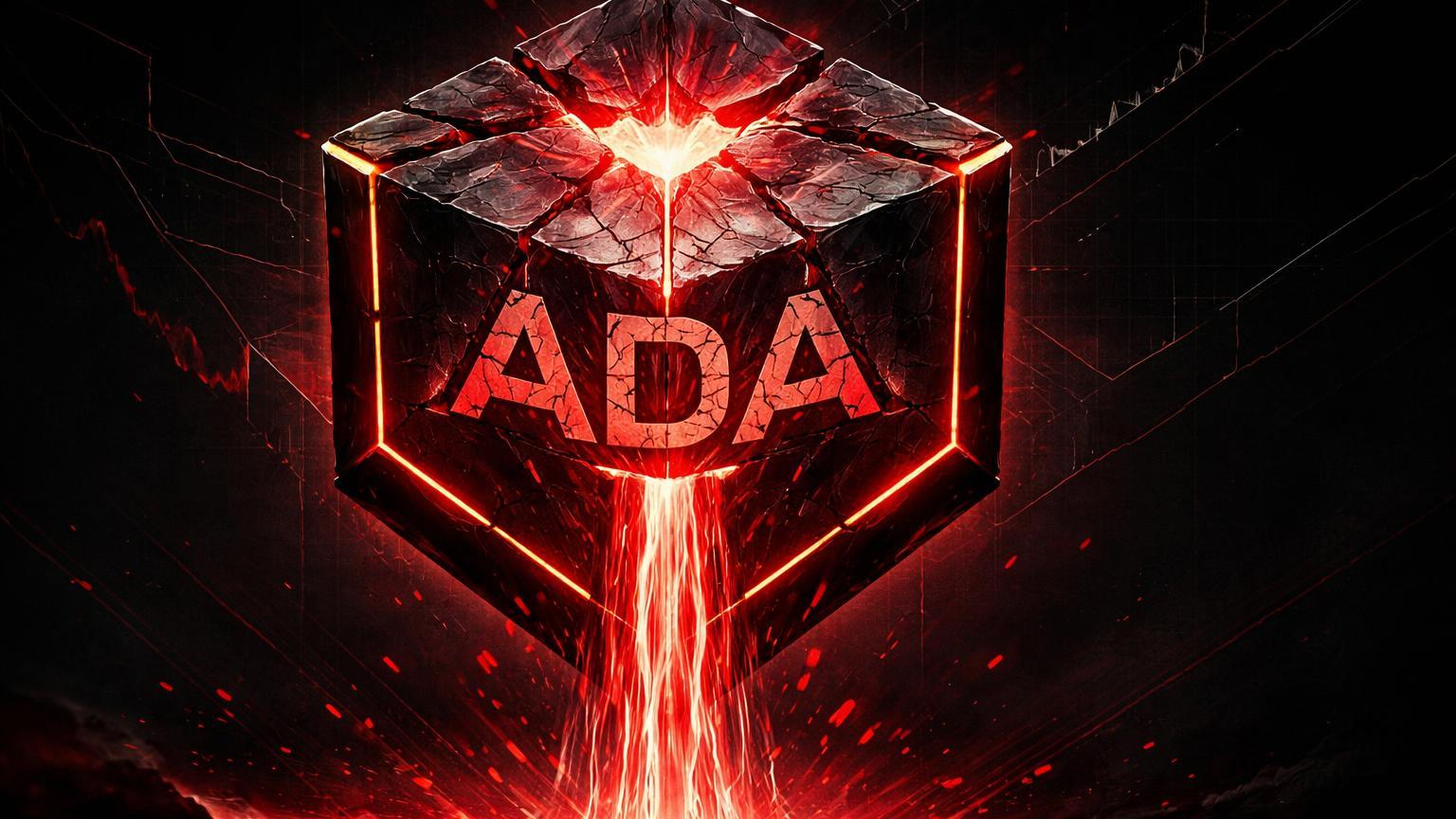 Prisma hexagonal ADA rachado com fluxo vermelho descendente, simbolizando queda de 3% após lançamento de futuros na CME