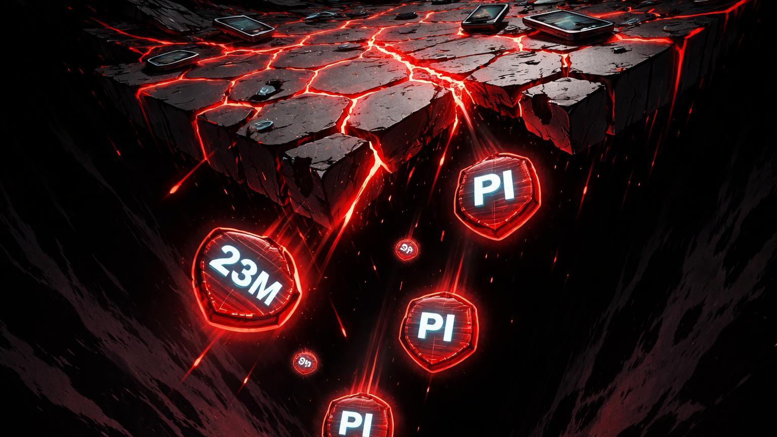 Rede hexagonal frágil rachando sobre abismo negro com tokens PI e 23M caindo, simbolizando colapso e desbloqueio no Pi Network