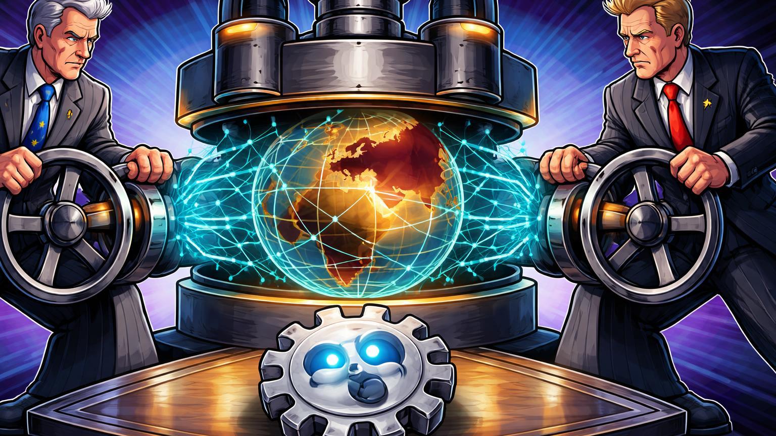 Reguladores cartoon girando volantes para apertar rede em globo cripto com nó russo isolado e engrenagem Ripple, simbolizando sanções UE e discussões na Casa Branca