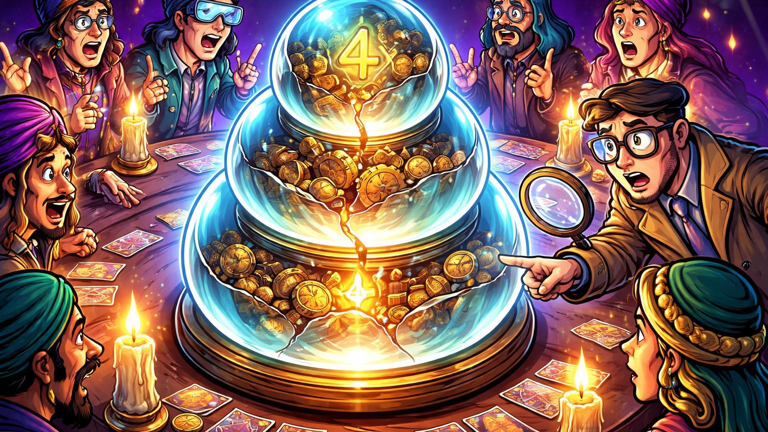 Personagens cartoon como videntes ao redor de globo de cristal 4x inflado com rachaduras falsas, alertando riscos em mercados de previsão como Polymarket