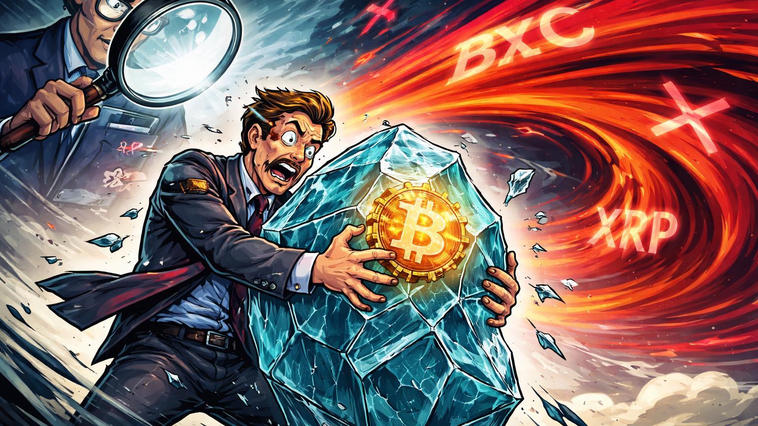 Executivo cartoon segurando estrutura cristalina rachando sob ventos de sell-off, com analista observando, ilustrando stress test em bonds da Ledn e volatilidade cripto