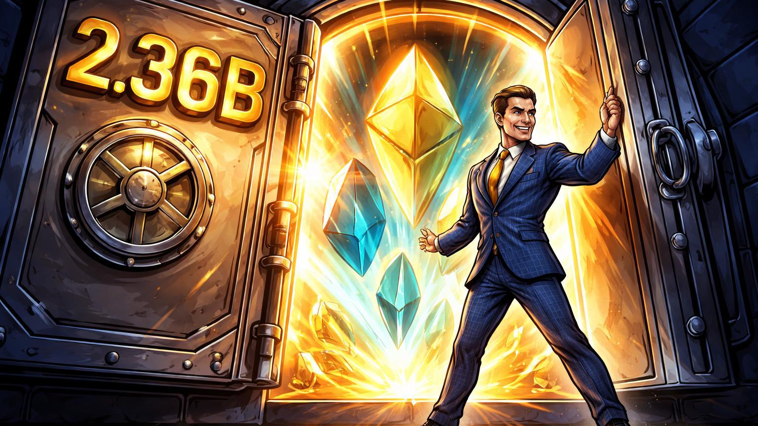 Executivo cartoon abrindo cofre bancário com explosão de luzes Bitcoin e Ethereum, 2.36B gravado, sinalizando adoção institucional pela Goldman Sachs