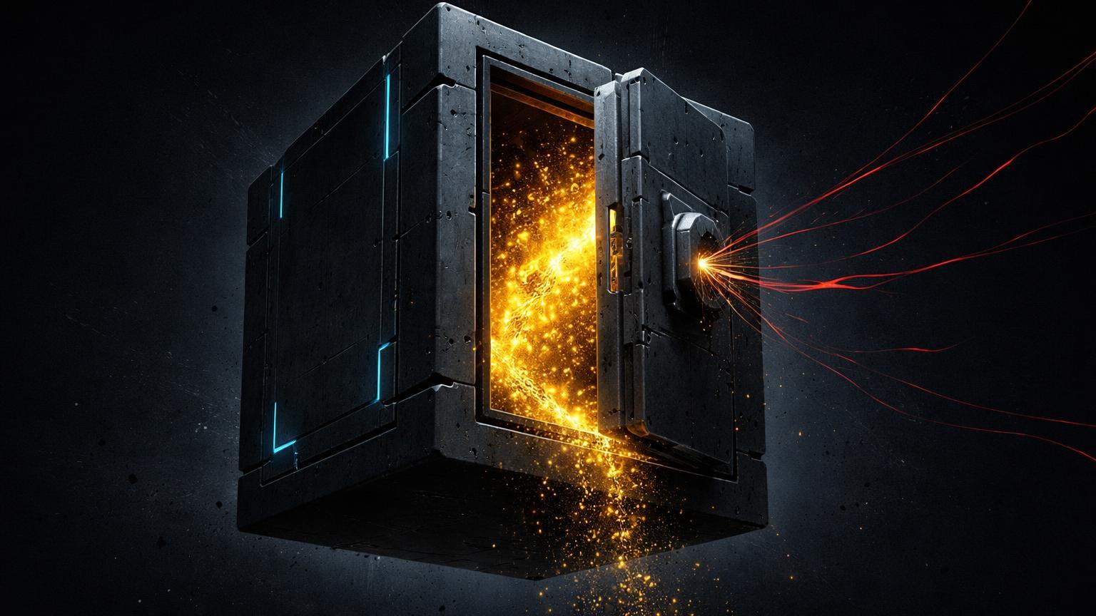 Cofre digital entreaberto vazando energia dourada sugada por traços vermelhos, alertando riscos de custódia em exchanges como Bithumb