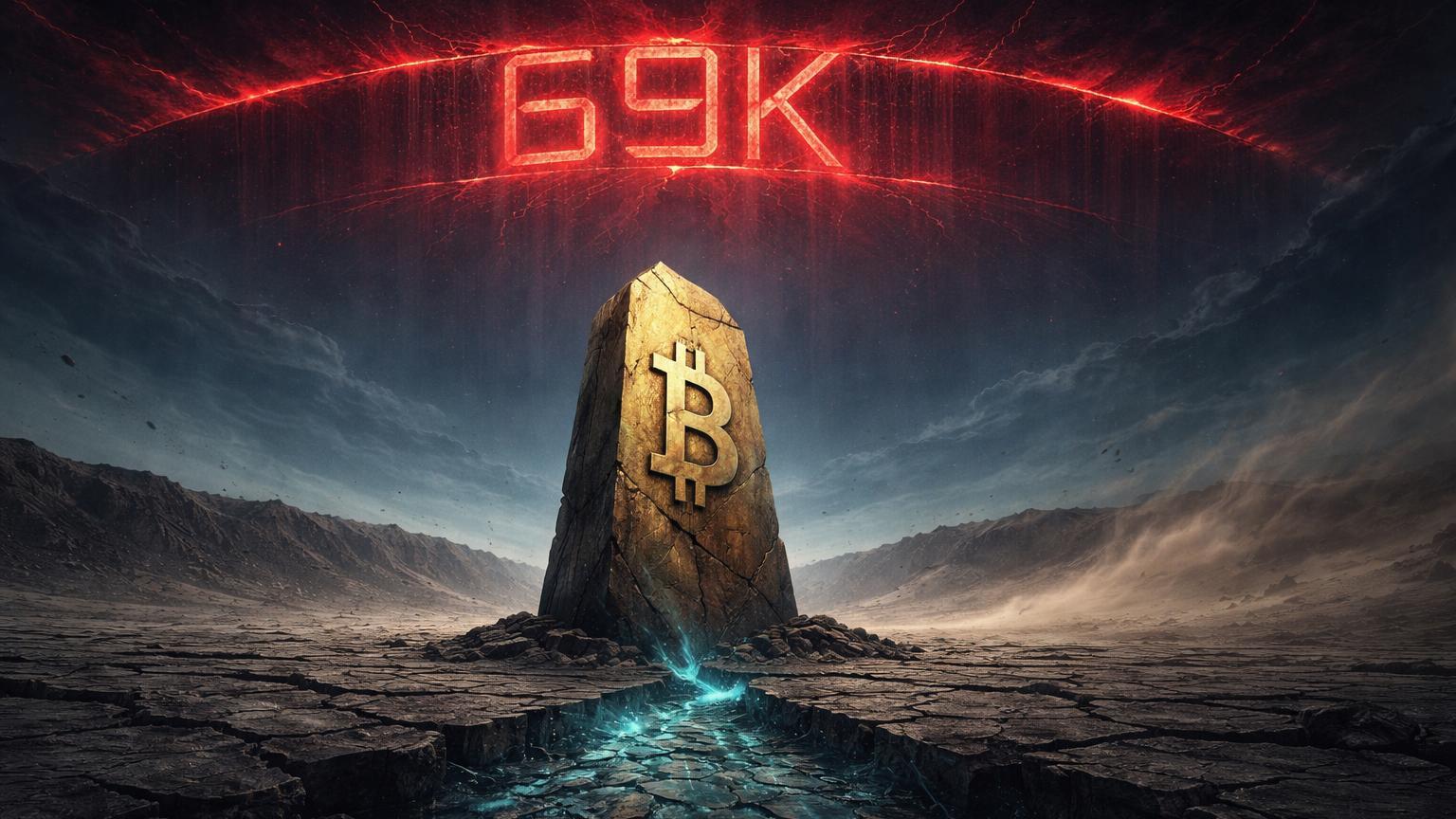 Monolito Bitcoin desgastado em platô árido sob barreira vermelha de resistência 69K e rio seco de capital, alertando influxos negativos