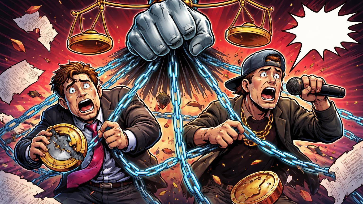 Mão da justiça cartoon apertando rede sobre CEO e influencer fraudulentos, simbolizando condenação SafeMoon e denúncia Logan Paul