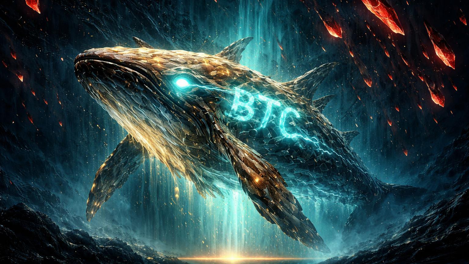 Baleia colossal cristalina dourada emergindo de abismo digital com 'BTC' luminoso, fragmentos vermelhos XRP caindo em capitulação, movimento on-chain