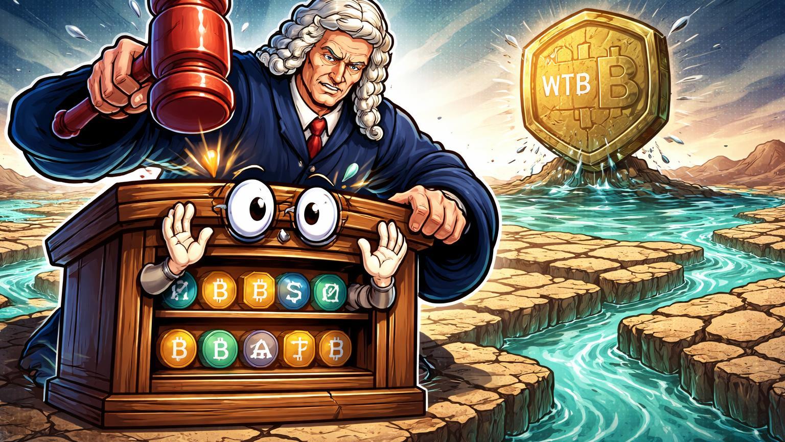 Juiz cartoon multando plataforma P2P enquanto rios de liquidez secam e token WBTC flutua em poça, ilustrando multa DOJ e crise cripto