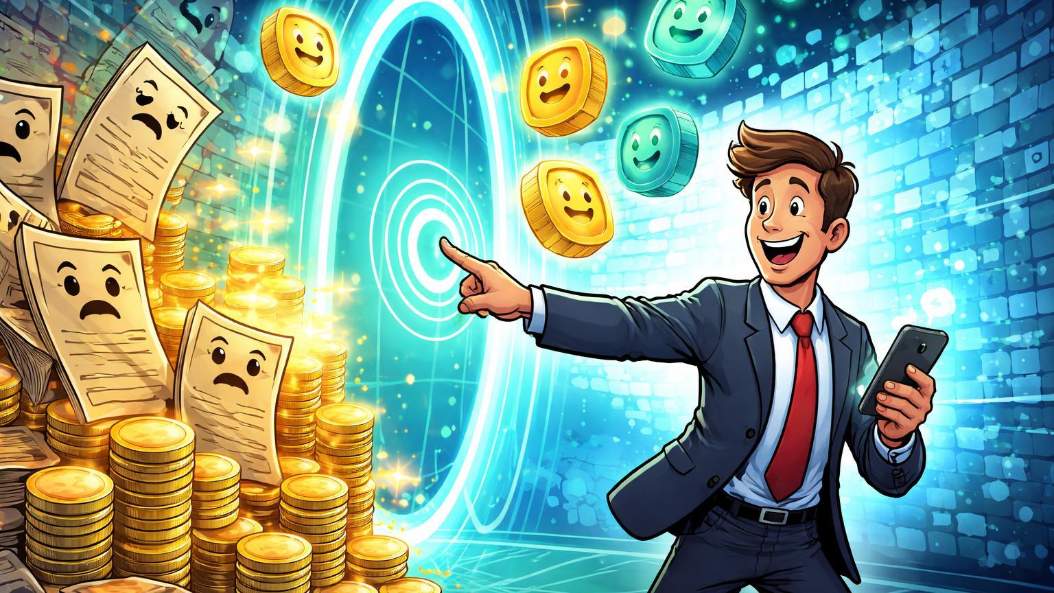 Investidor cartoon tokenizando debîntures em tokens blockchain luminosos, simbolizando acessibilidade via piloto Anbima