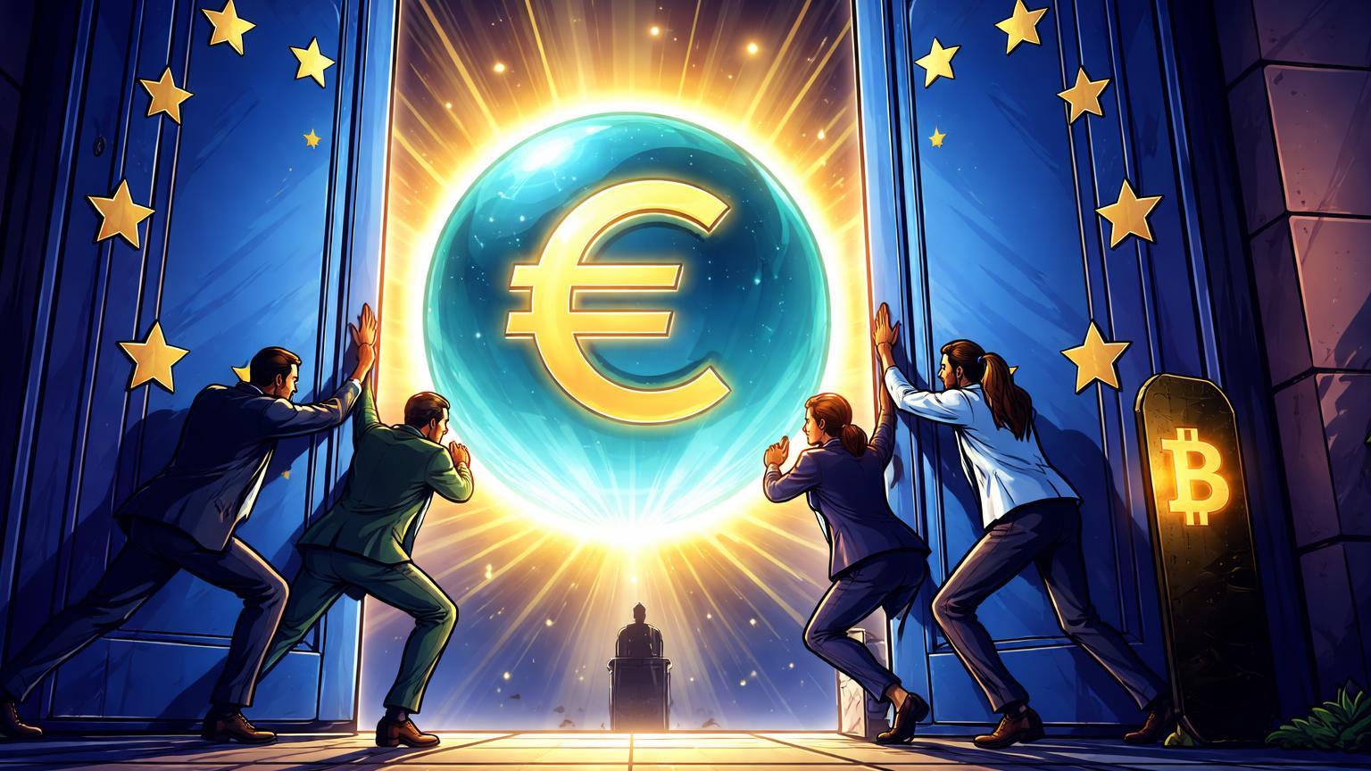 Legisladores cartoon abrindo portas azuis para orbe Euro Digital luminoso, com Bitcoin ao fundo, simbolizando aprovação da CBDC europeia