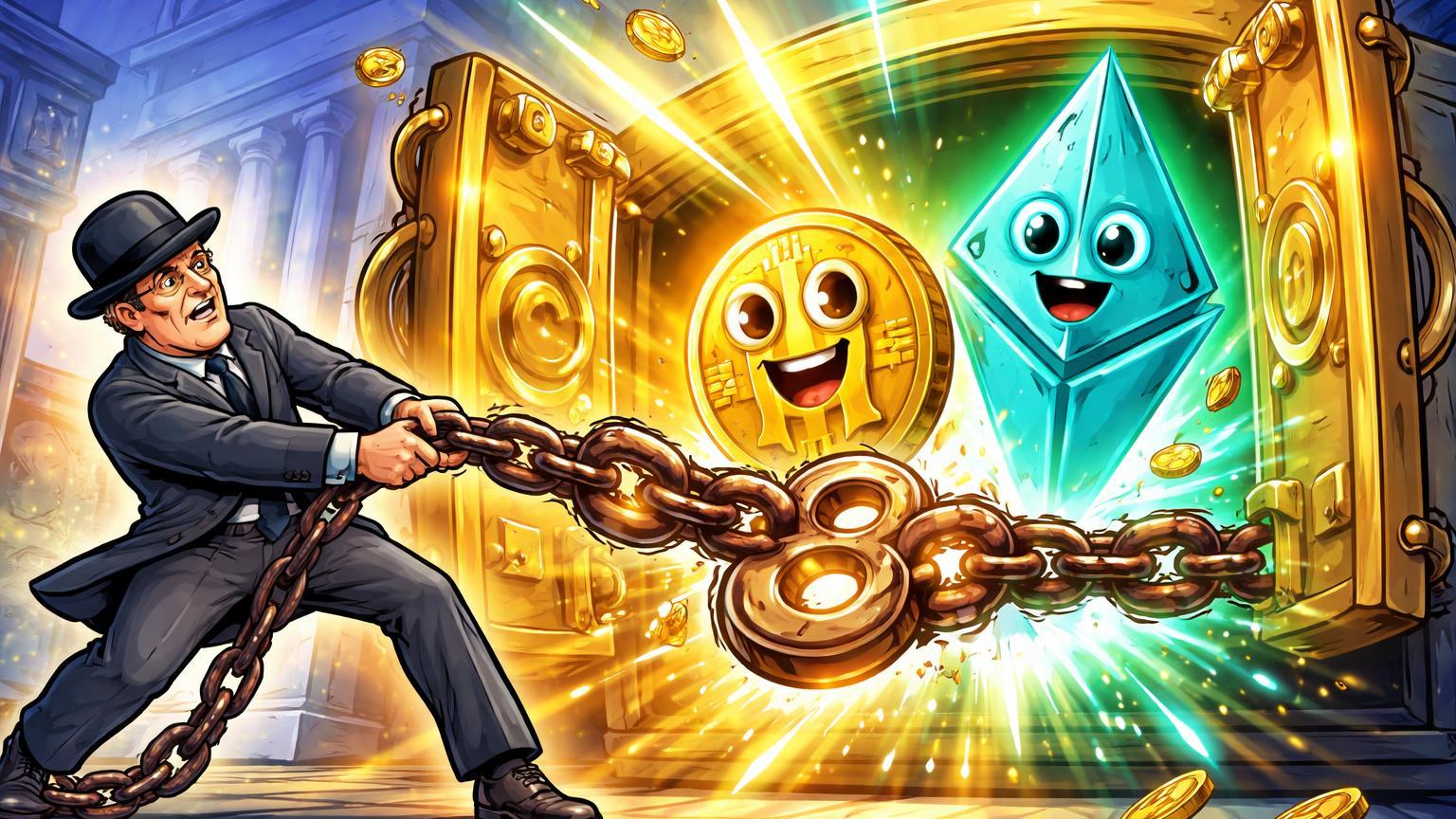 Banqueiro cartoon rompendo corrente com '8' para libertar BTC e ETH de cofre, simbolizando Danske Bank liberando investimentos após restrições e MiCA