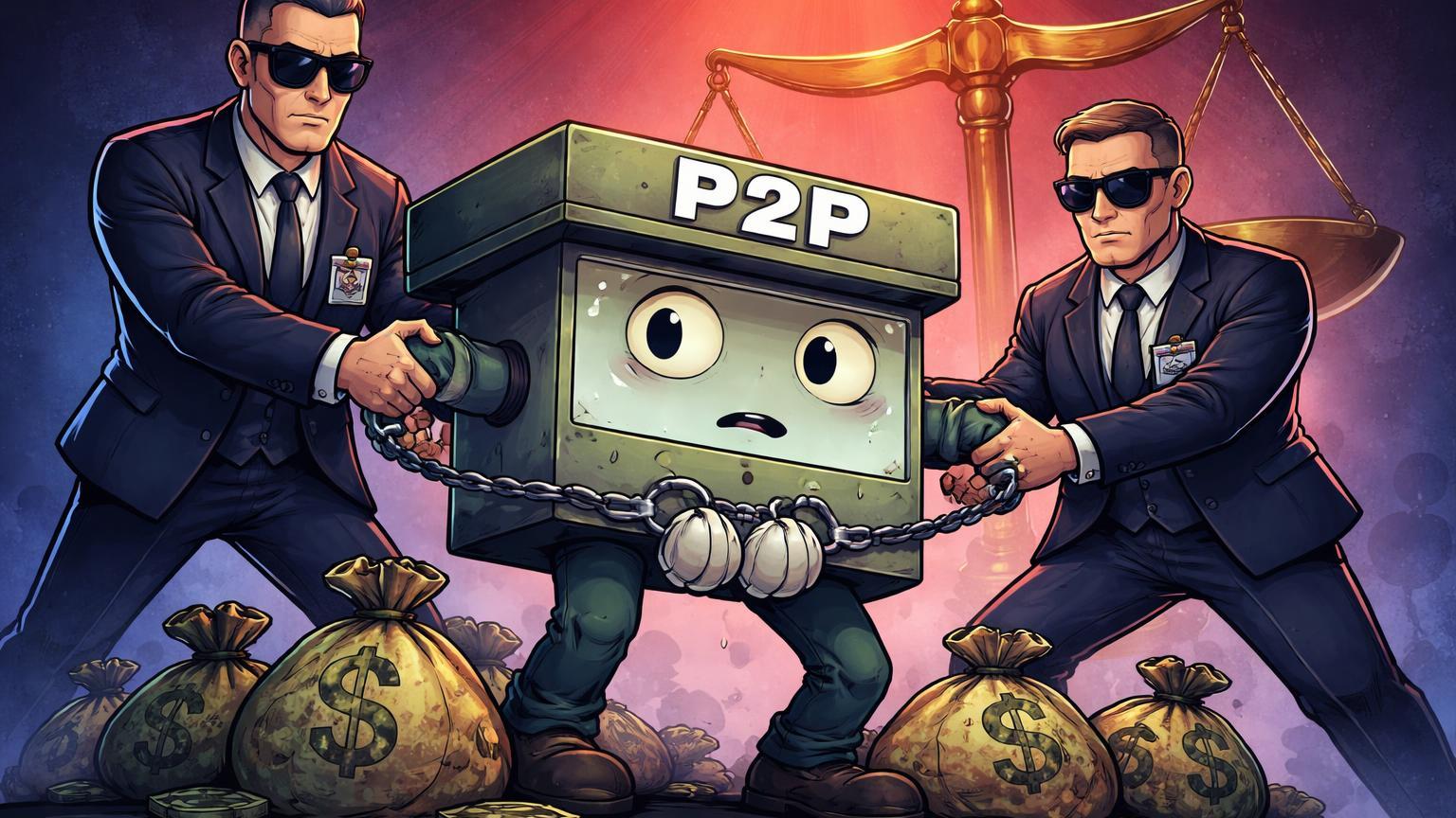 Personagem cartoon de plataforma P2P algemado por agentes reguladores DOJ com sacos de dinheiro sujo caindo, alertando sobre multa por lavagem
