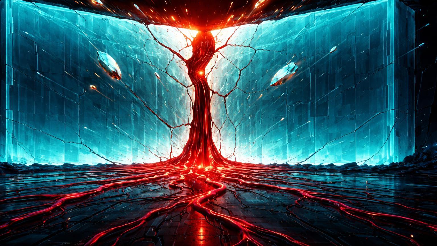 Barreira cyan digital rachada com fluido vermelho viscoso se espalhando, simbolizando crise de liquidez e risco de contágio em CeFi