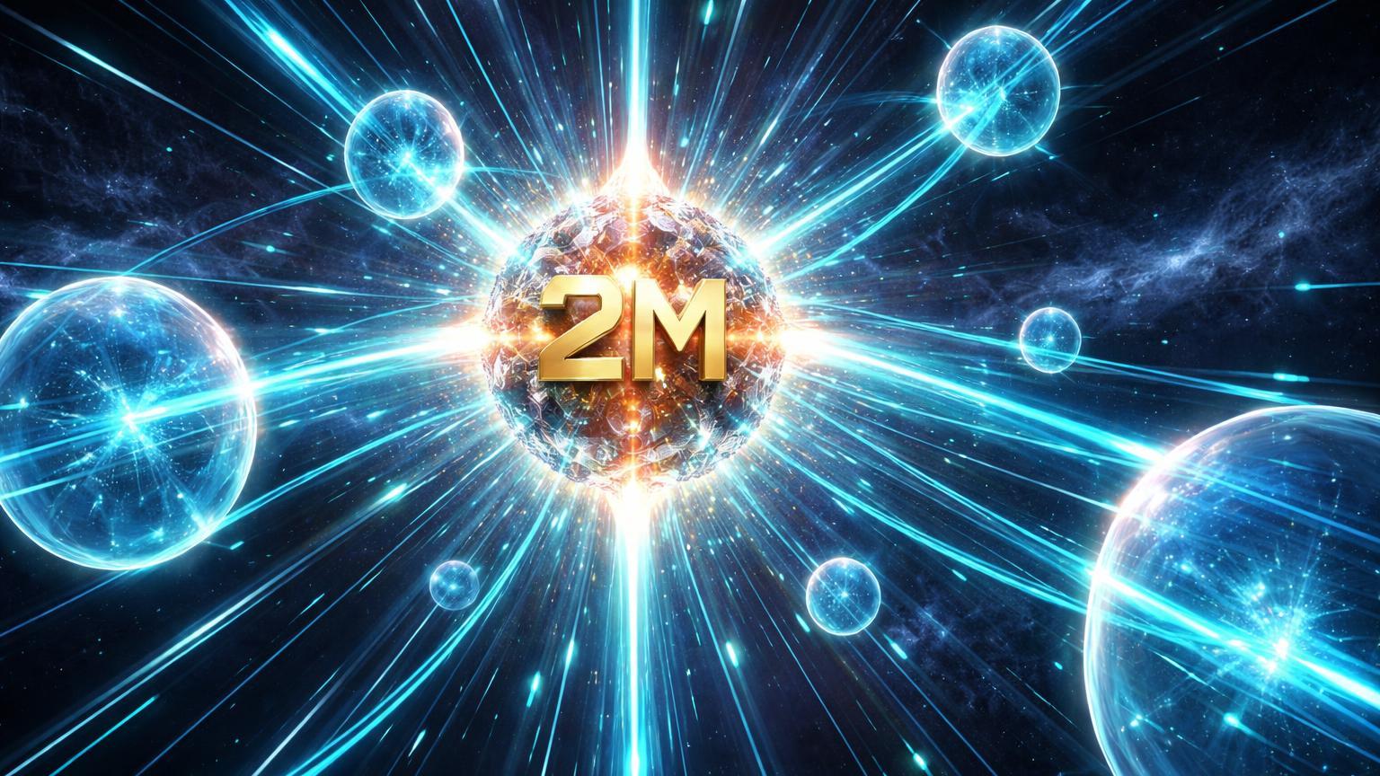 Núcleo cristalino emitindo feixes cyan ultra-rápidos conectando orbes digitais, com '2M' gravado simbolizando blockchain Zero e 2M TPS da LayerZero