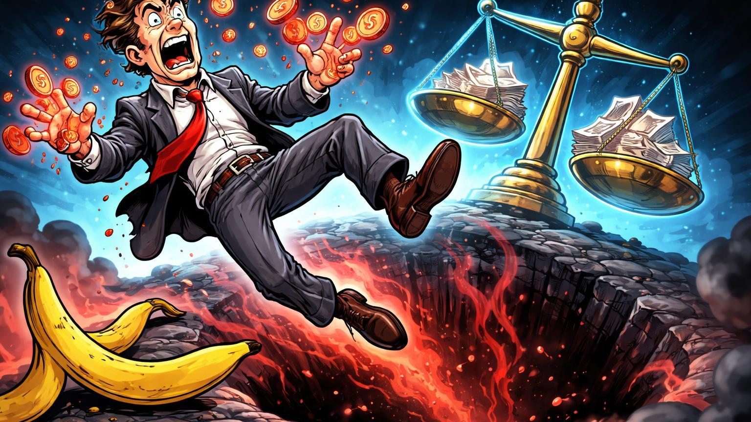 CEO cartoon tropeçando em casca de banana caindo para poço de liquidez evaporando com balança da justiça, expondo riscos de fraude em projetos meme como SafeMoon