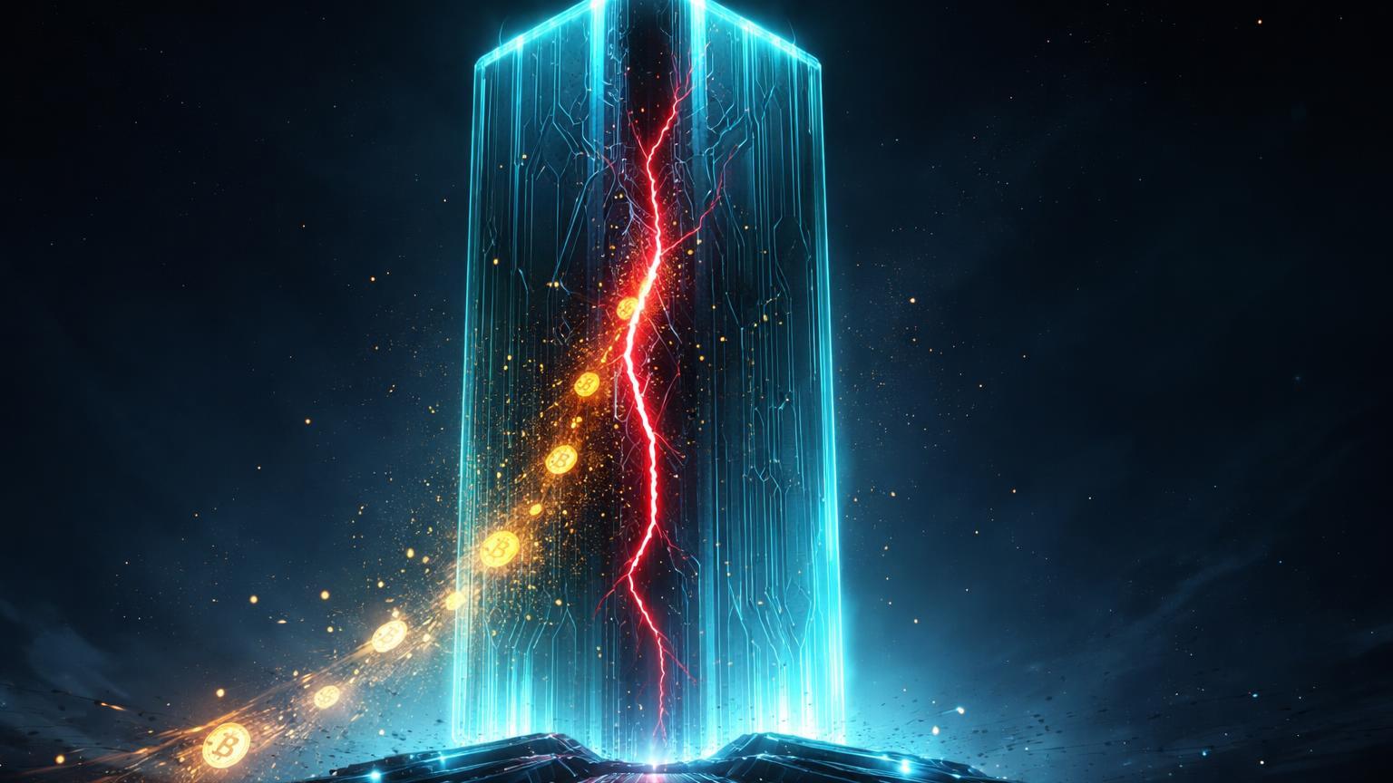 Torre hexagonal cyan com rachadura vermelha vazando partículas douradas, simbolizando falha crítica na custódia centralizada da Bithumb