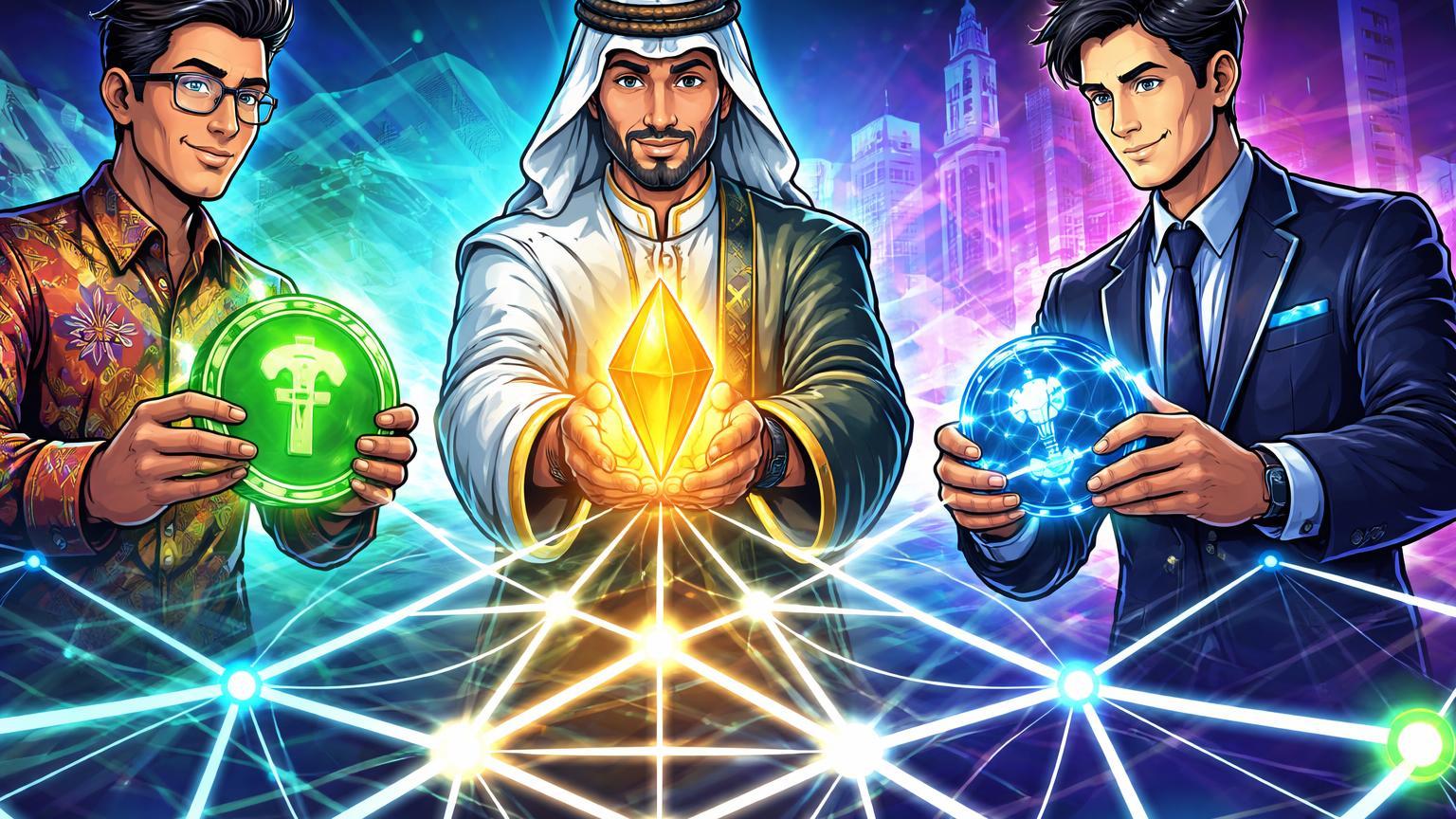 Personagens cartoon de Emirados, Malásia e Hong Kong conectando teia blockchain com tokens, simbolizando integração global em tokenização institucional