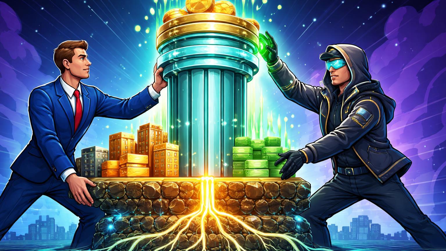 Executivos cartoon institucional e crypto erguendo pilar stablecoin com raízes RWA e fluxos de rendimento, simbolizando stablecoins 2.0 e adoção