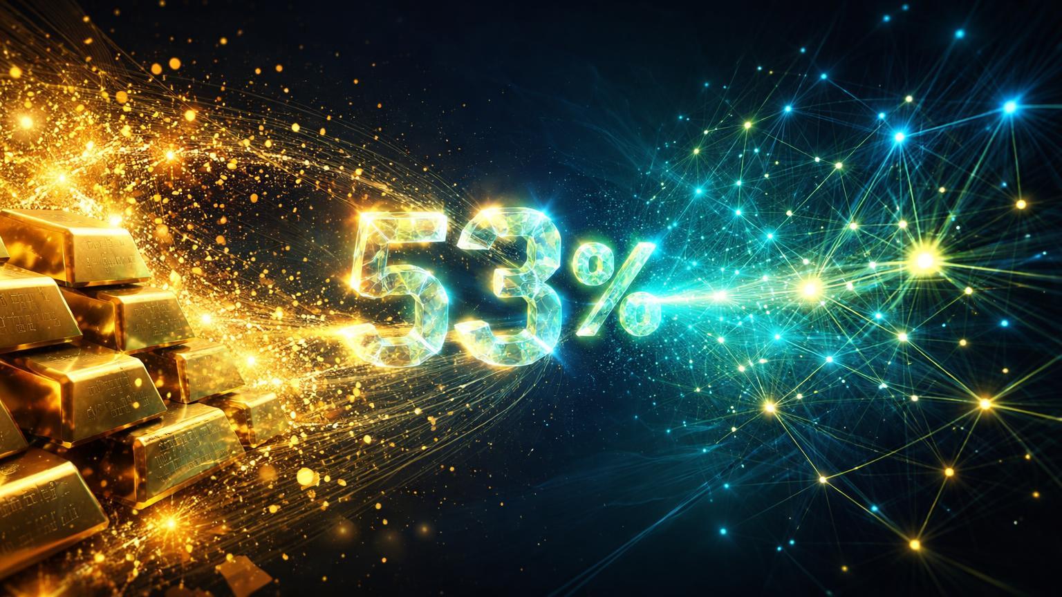 Barras de ouro dissolvendo em fluxo de partículas douradas e cyan formando rede blockchain, com '53%' cristalino simbolizando explosão de RWAs tokenizados