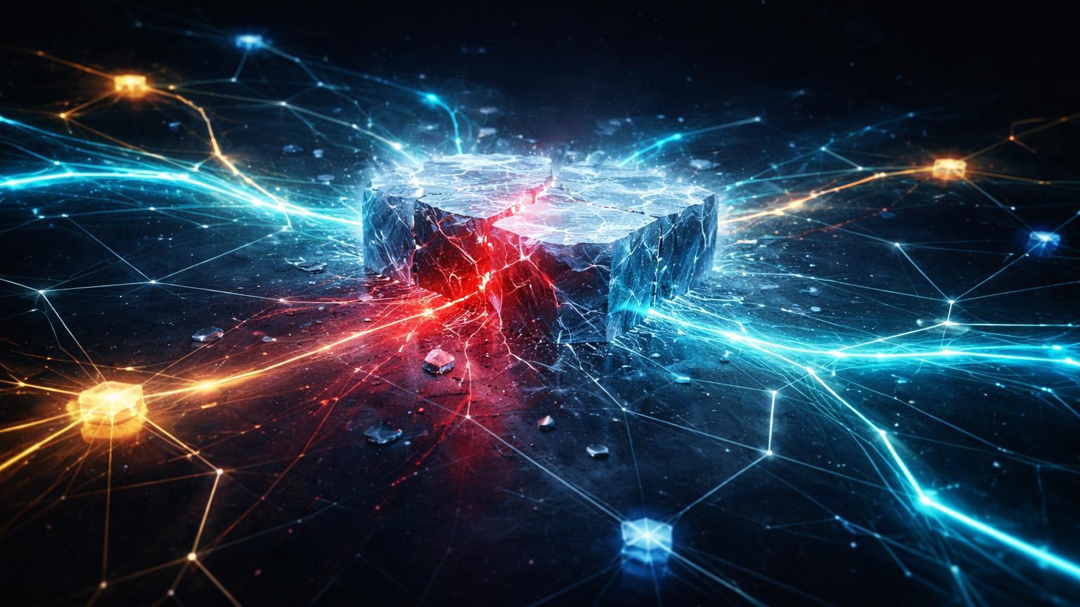 Rede de fluxos de liquidez congelada com rachaduras vermelhas, sinalizando riscos de contágio no ecossistema de crédito cripto
