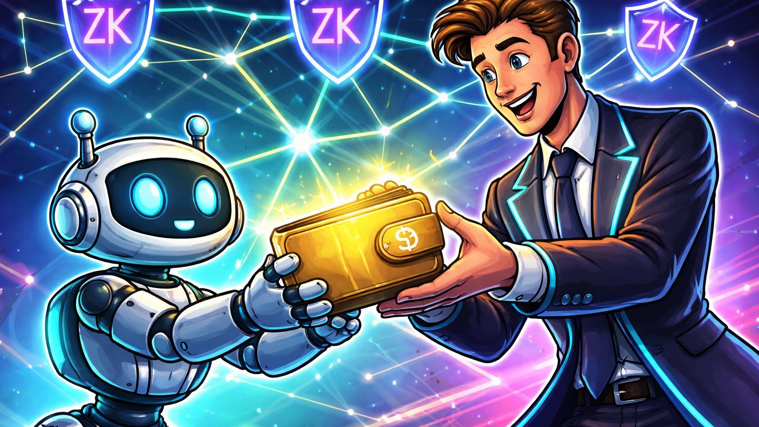 Robô IA cartoon recebendo carteira dourada de executivo tech, com escudos ZK em rede blockchain, simbolizando avanços da Coinbase e Vitalik em Web3