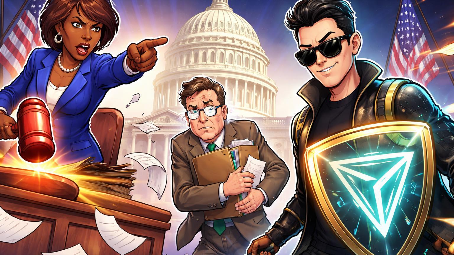 Personagens cartoon em audiência congressional tensa: congressista batendo martelo contra SEC e Justin Sun com escudo Tron, simbolizando pressão política na regulação cripto EUA