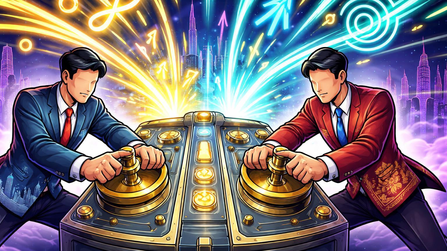 Reguladores cartoon de Hong Kong e Tailândia ativando painel que libera fluxos de derivativos cripto, posicionando Ásia como hub global