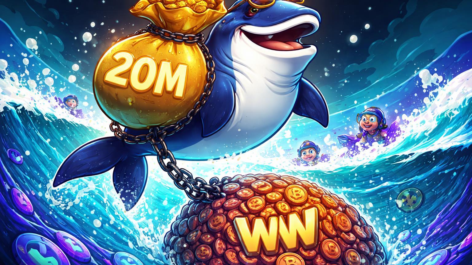 Baleia cartoon emergindo com saco de 20M dourado mas acorrentada a tokens WW, satirizando lucros e riscos de memecoin Solana para degens