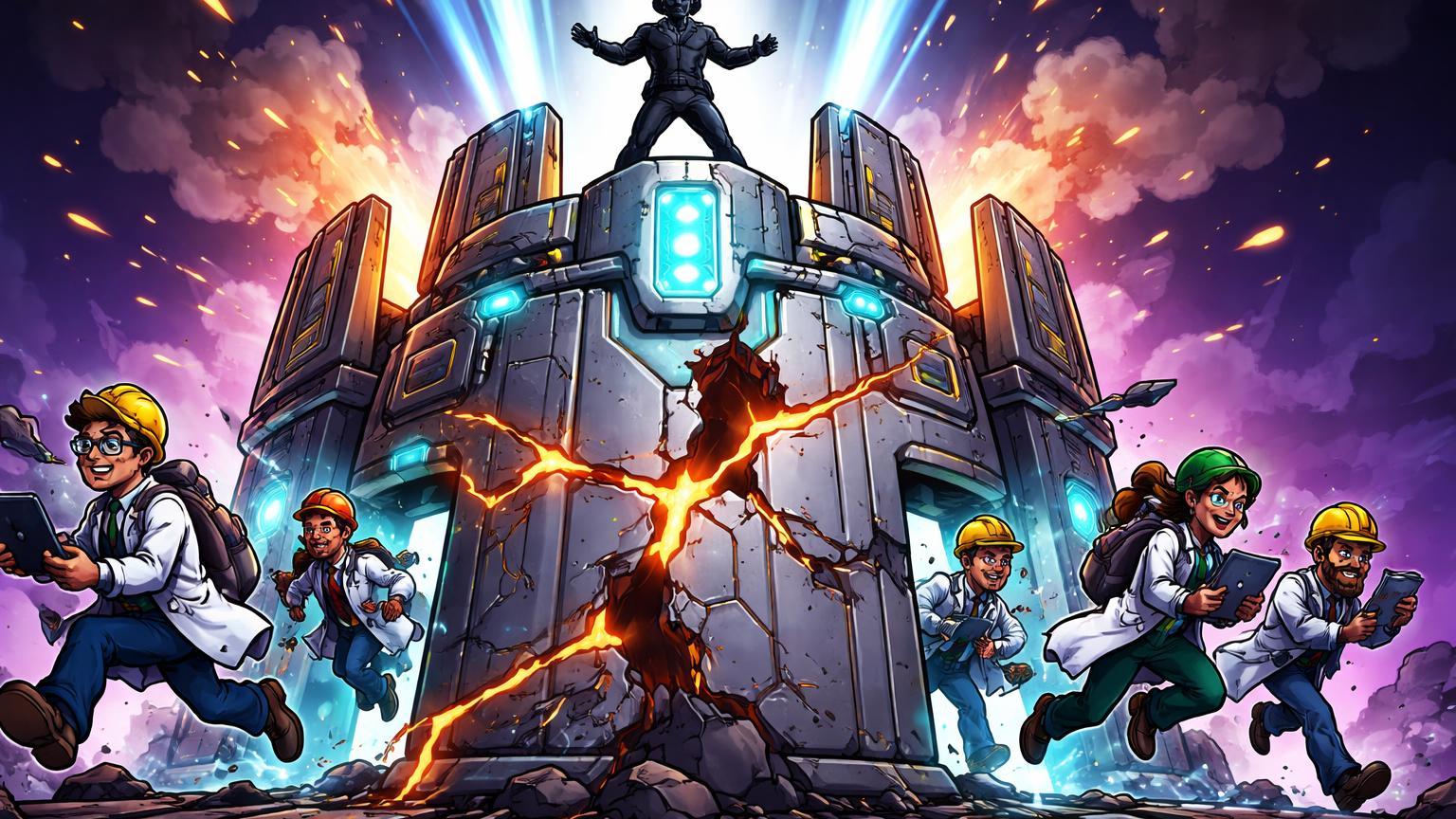 Personagens cartoon engenheiros abandonando fortaleza high-tech instável de IA, com líder no topo, simbolizando demissões em massa na xAI antes de IPO