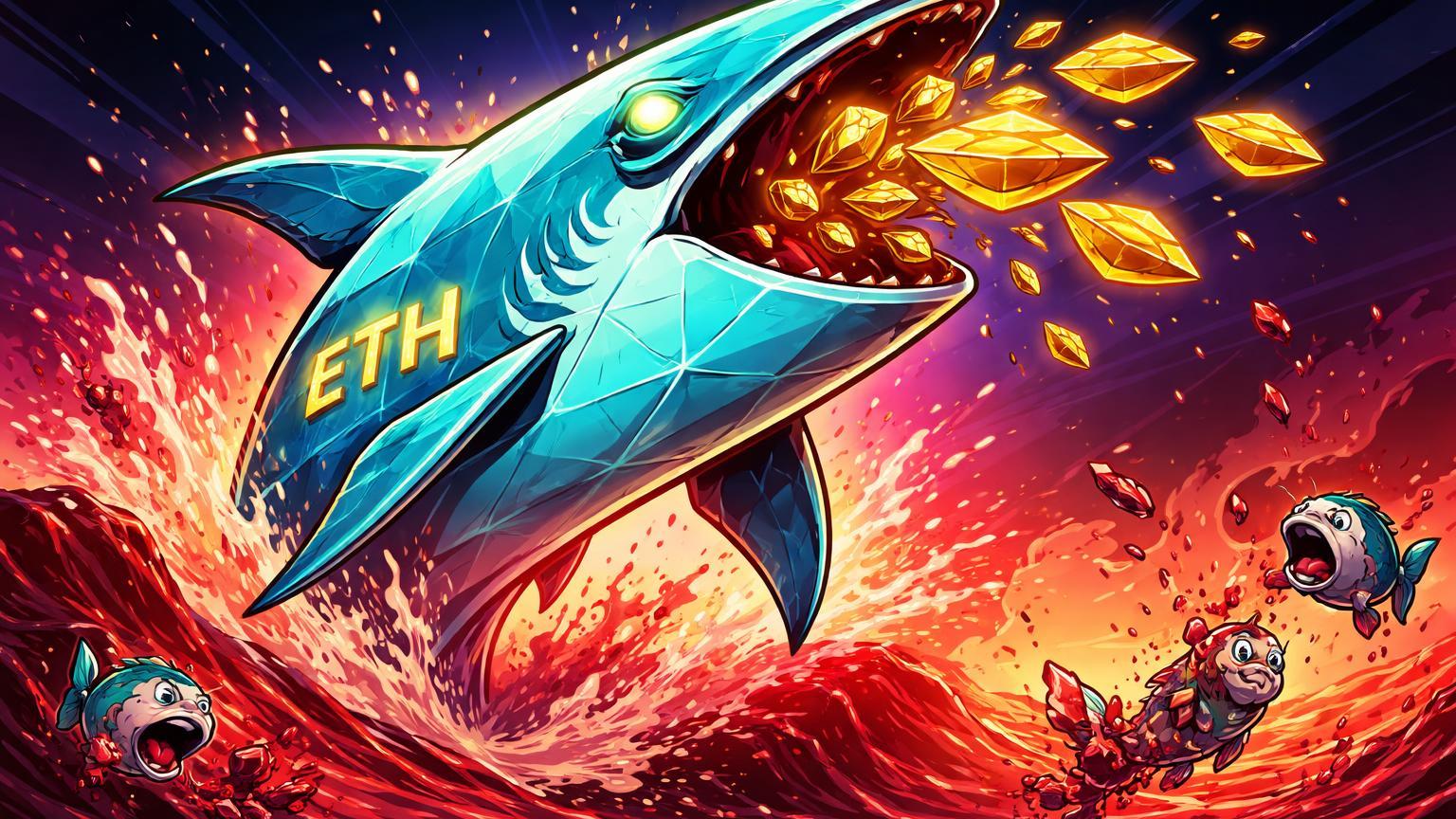 Baleia Ethereum cartoon emergindo de turbulência vermelha acumulando cristais dourados, contrastando liquidações de traders com acumulação institucional