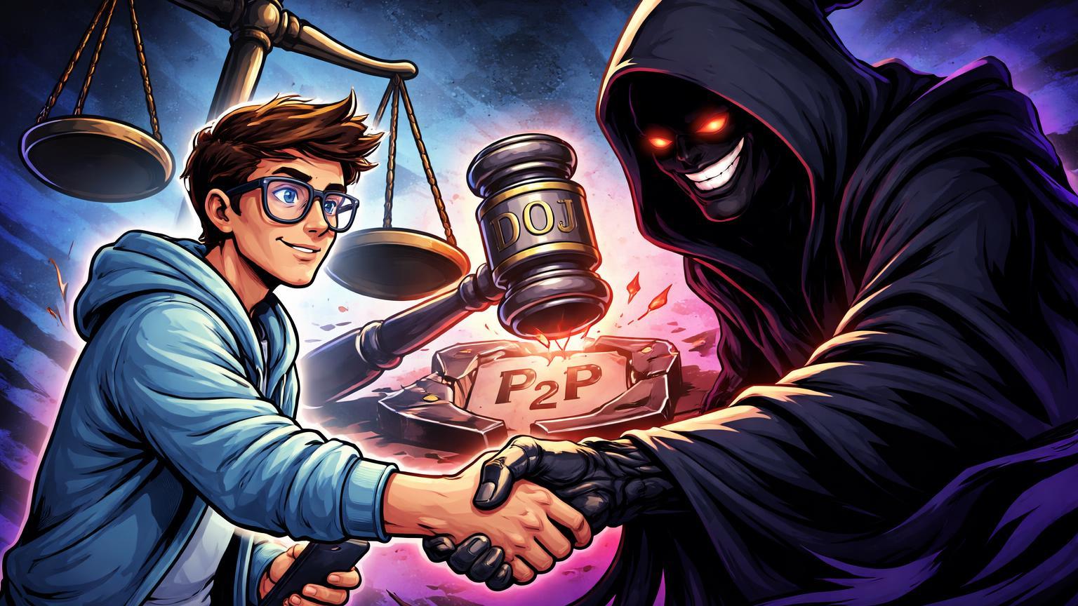 Usuário cartoon apertando mão de figura sombria em transação P2P, com martelo DOJ caindo, alertando riscos criminosos na Paxful